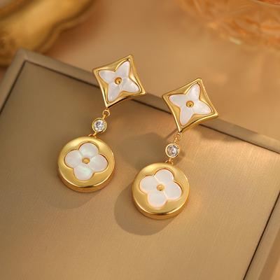 Internet Celebrity Explosion Stud Earrings Double Flower Earrings Natural Fritillary 18K High Version Four-leaf Flower Presbyopia Earrings Earrings