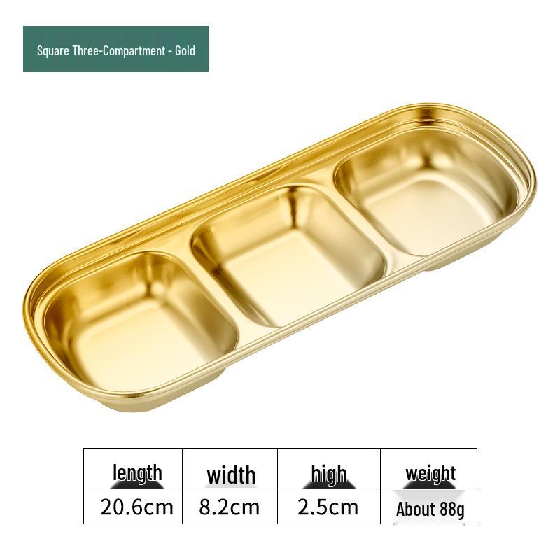 Golden Korean-Style Two/Three-Compartment Sauce Dishes – 304 Stainless Steel for Kimchi, Barbecue, and Hot Pot Seasoning.