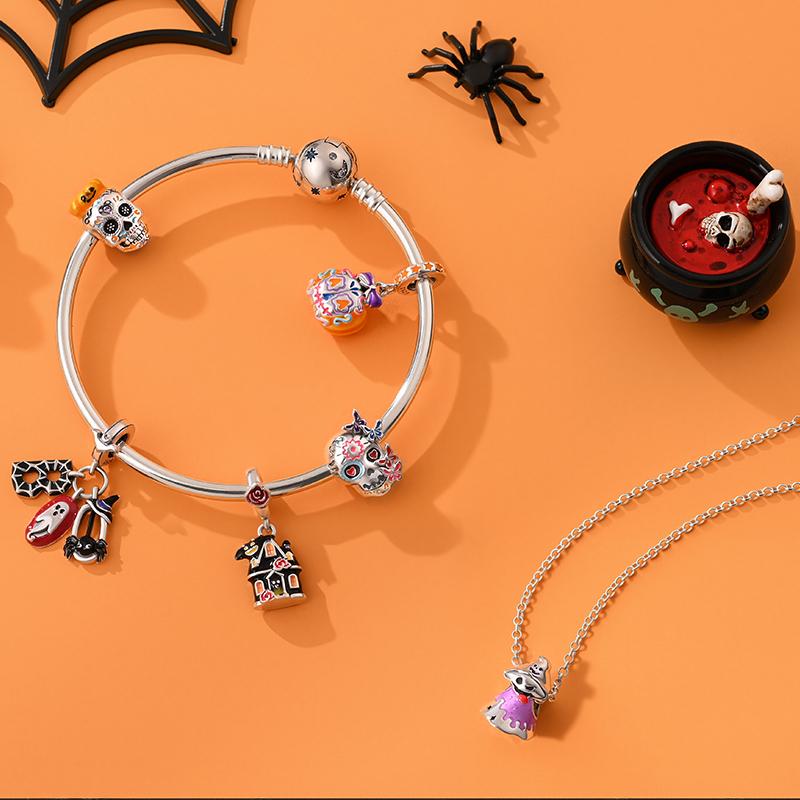 Halloween Charms Bead Copper Jack-O'-Lantern Skull Bat Witch Hat Candy Luminous Charm Fit Bracelet Diy Jewelry