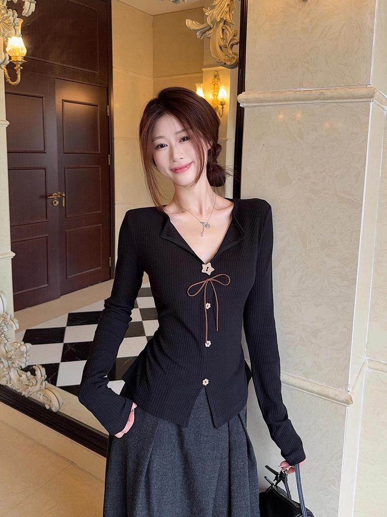 Retro Bow V-Neck Long-Sleeve Women's Slimming Top - 2025 Autumn Collection
