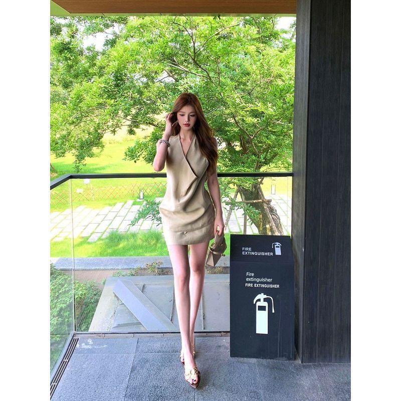 Kumikumi Pure Desire Style Set French style Swing Collar Slimming Vest Women Summer Solid Hip Skirt Two piece skirt