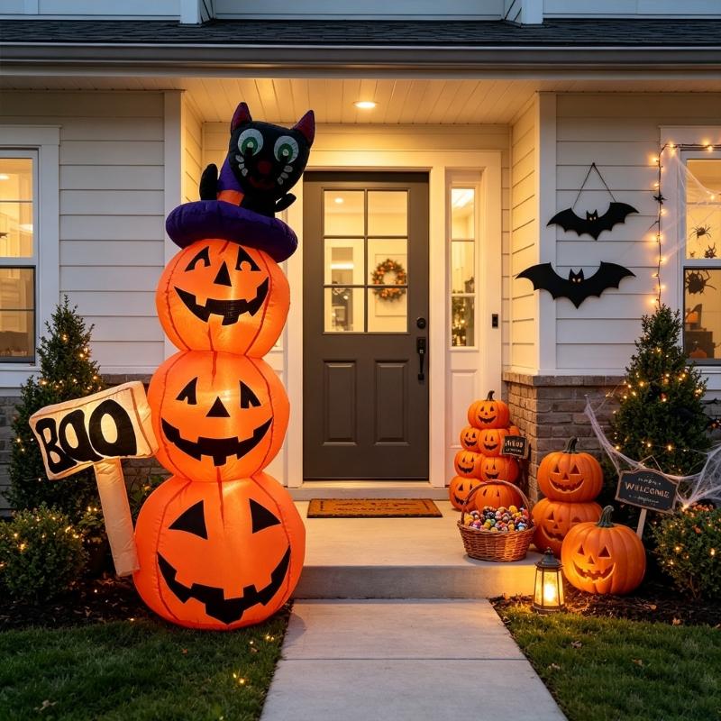 Seasonal Inflatable Yard Figure, Tall Halloween Display with Smiling Character Stack and Hanging Sign for Porch Entry Party Styling