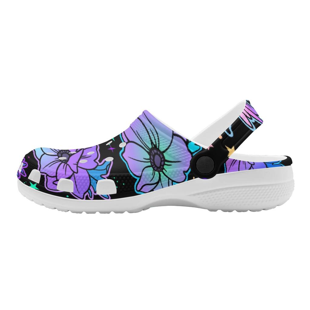 White EVA Clogs with Rainbow Skull Print, Lightweight Slip On Garden Shoes, Breathable Beach Sandals, Indoor Outdoor Slippers for Men Women