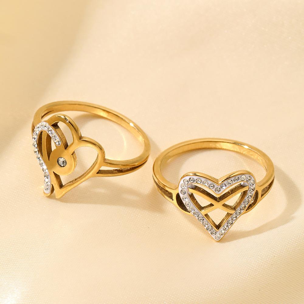 Stainless Steel Ring Heart Hollow Ceramic Inlaid Diamond Couple Ring Korean Version Light Luxury Titanium Steel Jewelry