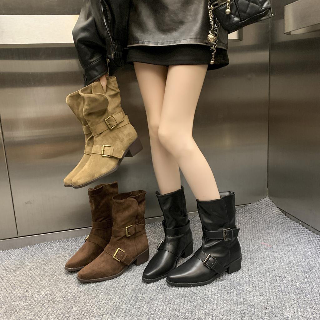 Französische spitze dicker Absatz kleine kurze Stiefel Damen 2025 neu Herbst Western Cowboy mittelhoher Schaft Martin Stiefel Stacking Stiefel