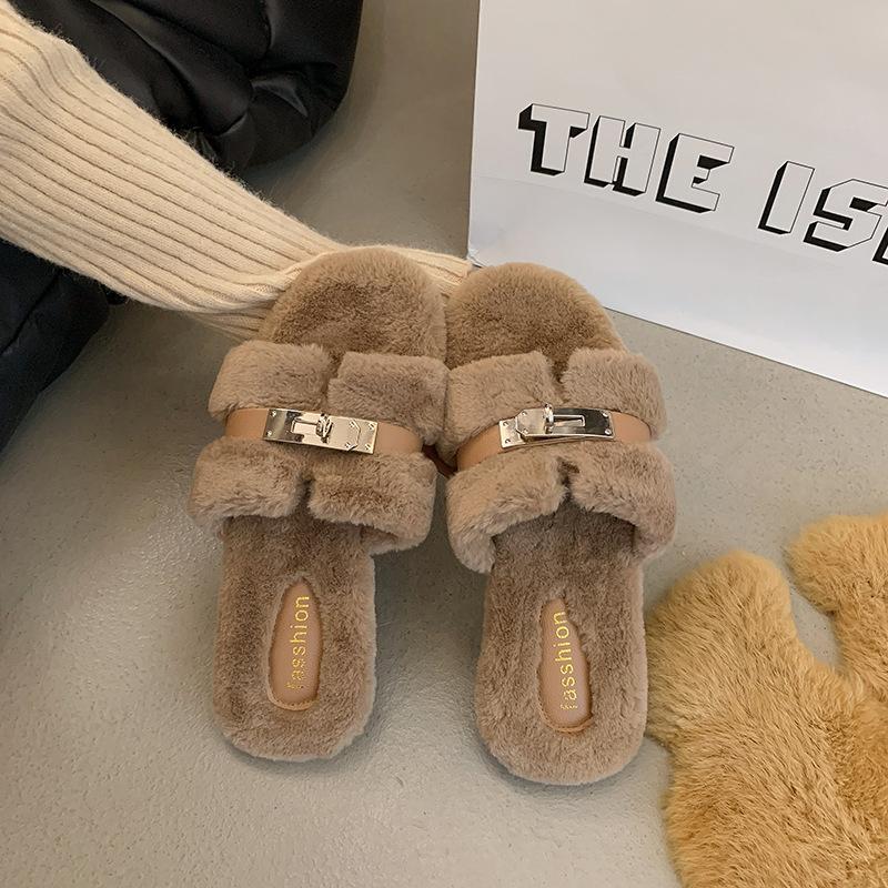 Autumn / Winter New Style Exposed Toe High-end Plush Women's Slippers Outdoor Fashionable Flat Slippers Metal Chain Cotton Shoes