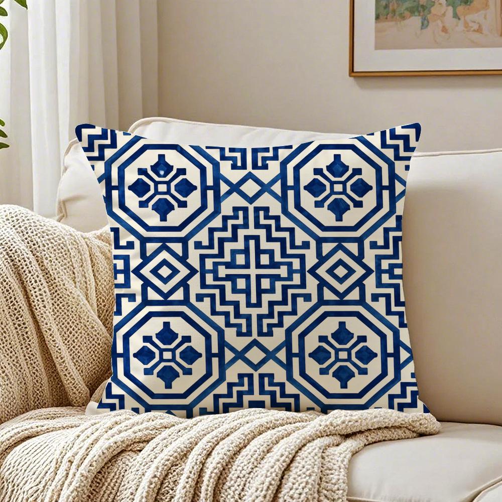 Blue Geometric Print Pillow Case Breathable Organic Short Plush Cushion Covers Machine Washable Wrinkle-Resistant Soft Durable