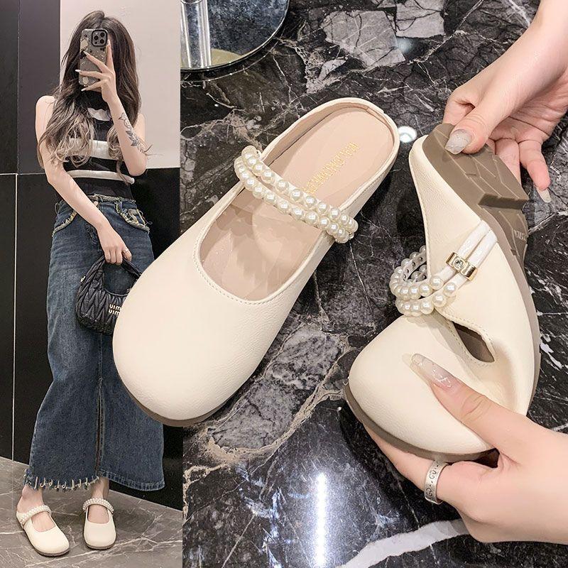French Small Sandals Women's Summer Wear Muller Flat-bottomed Bag Head Mary Jane Half Slippers Small Fragrant Single Shoes Beach Slippers