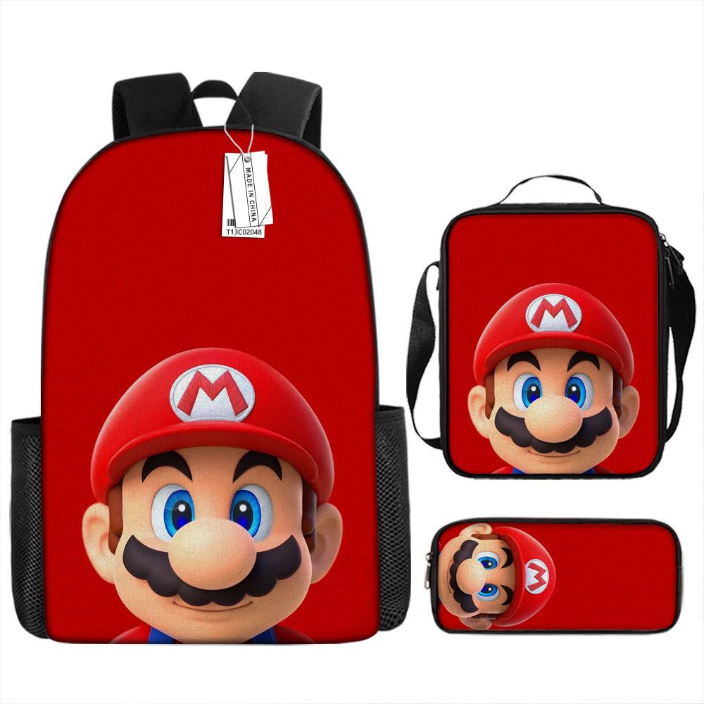 New Super Mario Trend Backpack Retro Mario Schoolbag 3-Piece Set with Pencil Case