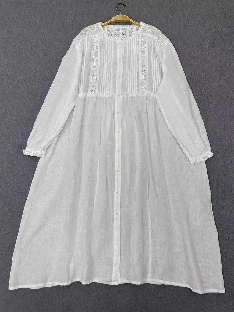 Johnature Japanese Autumn Accordion Pleats Lace Long-sleeved Dresses Vintage Casual Loose Simple Women Dress