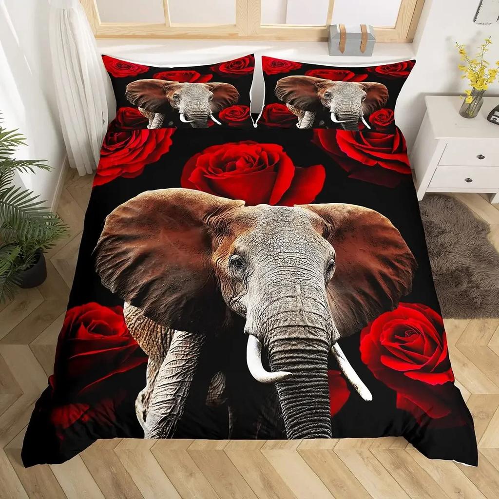 Comforter Cute Elephant Green Grass Bohemian Elephant Bedding Set Microfiber Safari Animals Comforter Twin King Size