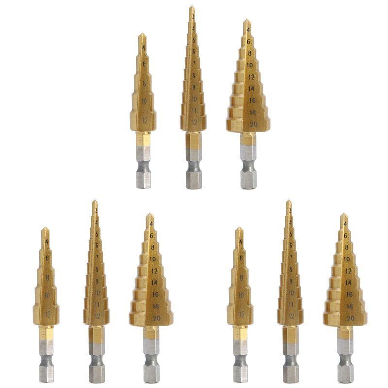 A84E-9 Pcs High-Speed Steel Step Drill Bit Set Power Tools Cone Titanium Coated Metal Hole Cutter 1/4 Inch Hex Shank