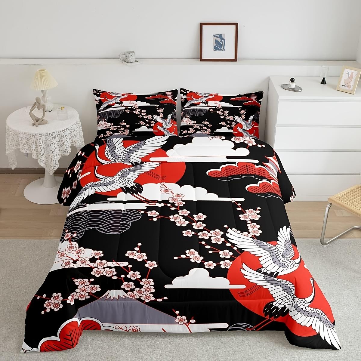 

Erosebridal 2/3pcs Japanese-Style Comforter Set Crane Printed Cherry Blossoms Decor Comforter Japanese Traditional Pattern US Twin(172x218cm)