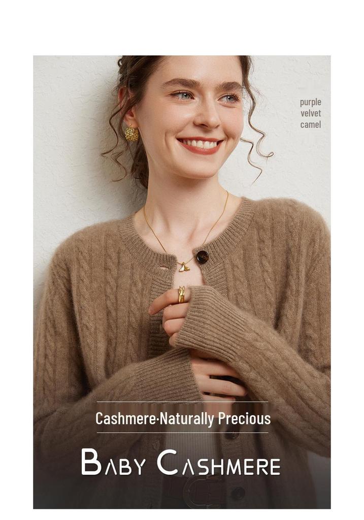 Women's Slimming Cable Knit Cashmere Cardigan - Long Sleeve, Warm, Round Neck, Single-Breasted