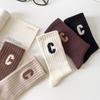 C Letter Women's Pure Cotton Breathable Mid-Calf Socks with Vertical Stripes - Slimming and Versatile Design