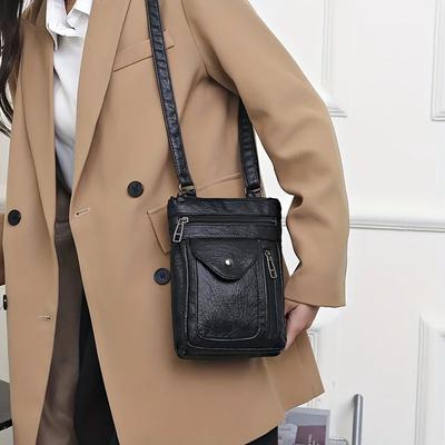 Vintage Mini Crossbody Tašky z Umělé Kůže pro Ženy Taška na Mobilní Telefon, Denní Peněženka se Zipem s Více Vrstvami, Jednobarevná Taška přes Rameno