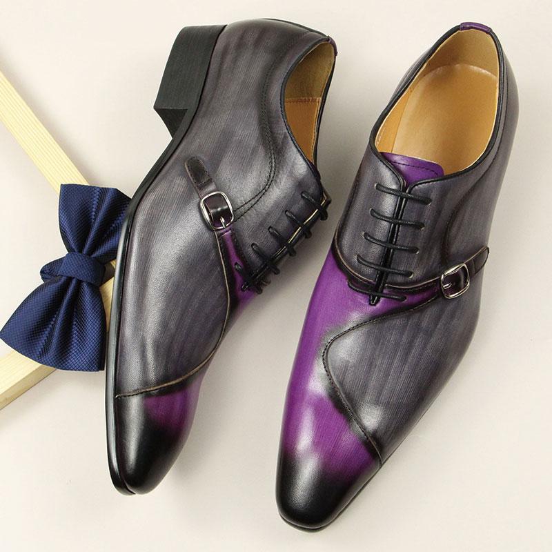 Fashion Men Leather Shoes High Quality Oxford Lace Up Side Metal Buckle Gray Purple Color Matching Handmade Business Office Formal Shoes