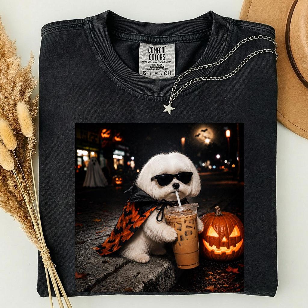 Roztomilé tričko s Maltézem na Halloween, Psí tričko s dýňovou ledovou kávou, Strašidelné tričko pro milovníka psů, Roztomilé tričko s halloweenským psím motivem, Dárek pro milovníka mazlíčků