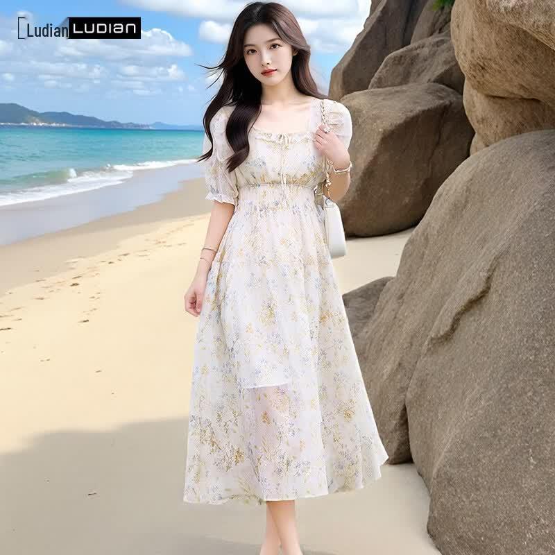 Women's Square Neck Floral Print A-Line Maxi Dress