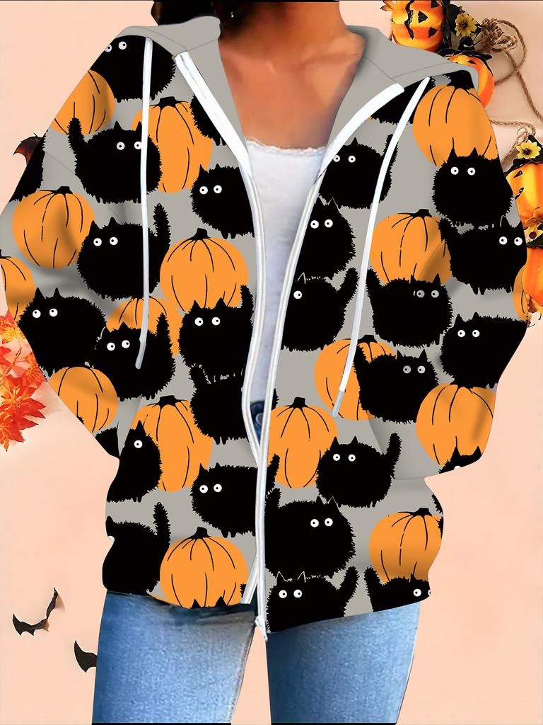 Halloween 3D Printed Hooded Cardigan Plus Size Autumn Winter Retro