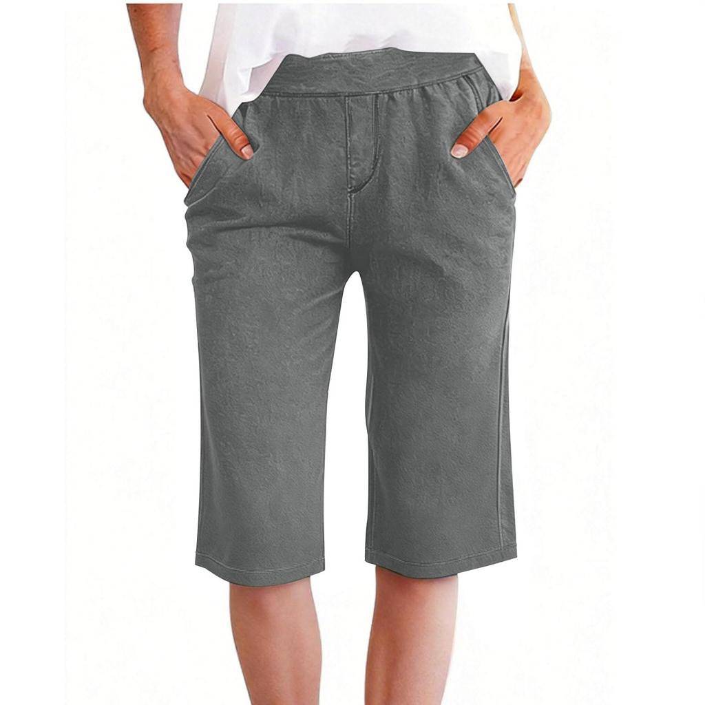 Pantaloncini casual da donna al ginocchio, vestibilità larga, vita elasticizzata con tasche, tessuto leggero e traspirante per l'uso quotidiano