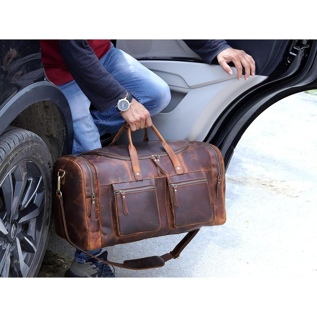 24" Reisetasche im klassischen Vintage-Stil mit modernem Retro-Look, dickes vollnarbiges Rindsleder, handgefertigtes Leder, fürs Fitnessstudio, Weekender, Reisegepäck
