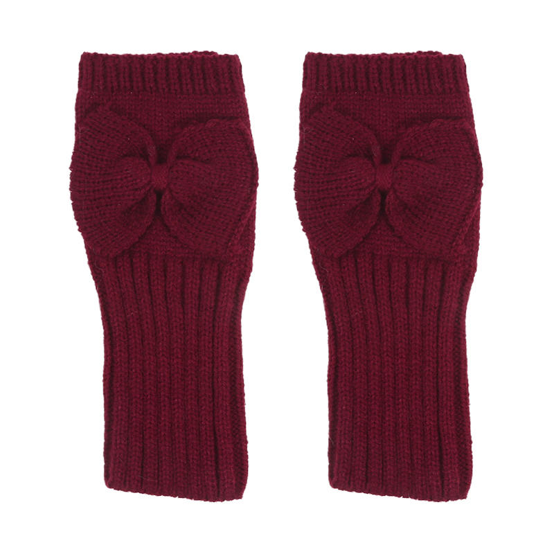 Women Short Bow Cable Knitted Warm Fingerless Gloves Outdoor Stretchy Arm Warmers Office Typing Wrist Gloves