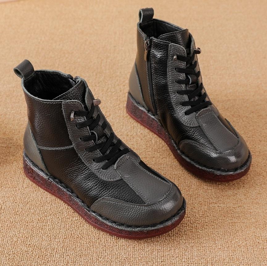 New natural leather ankle boots women lace up winter shoes round toe flat booties woman warm short plush boot lady luxury shoes
