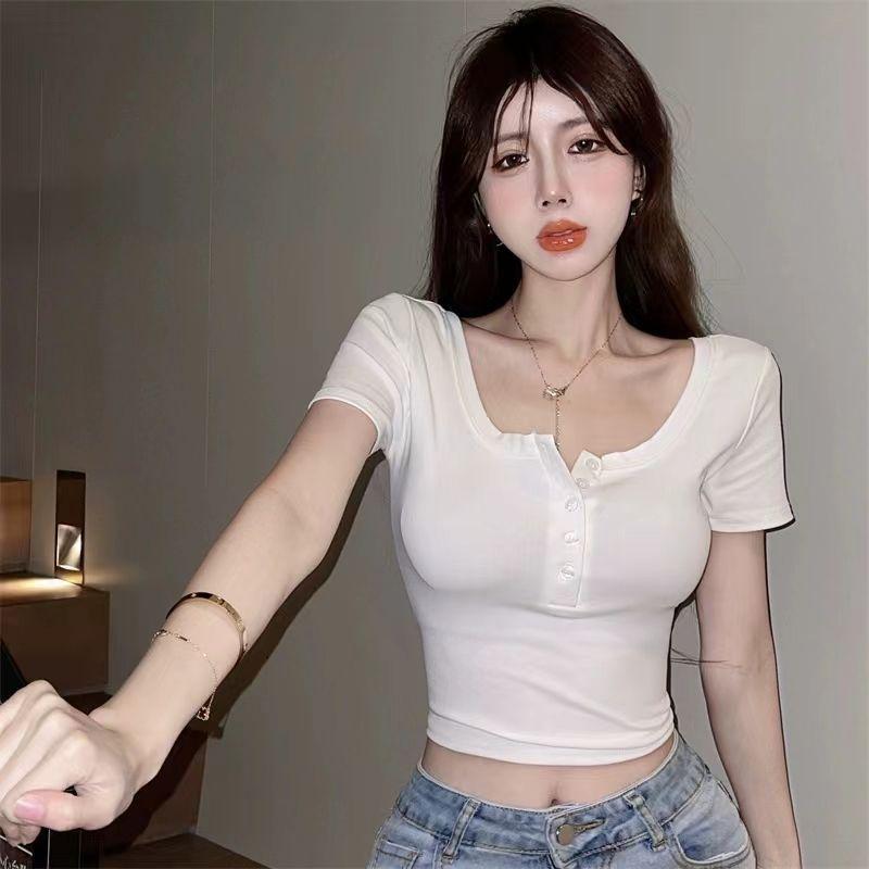 Rose red short-sleeved t-shirt women's summer slim-fit short high-waisted exposed navel foreign-style age-reducing spice girl top tide