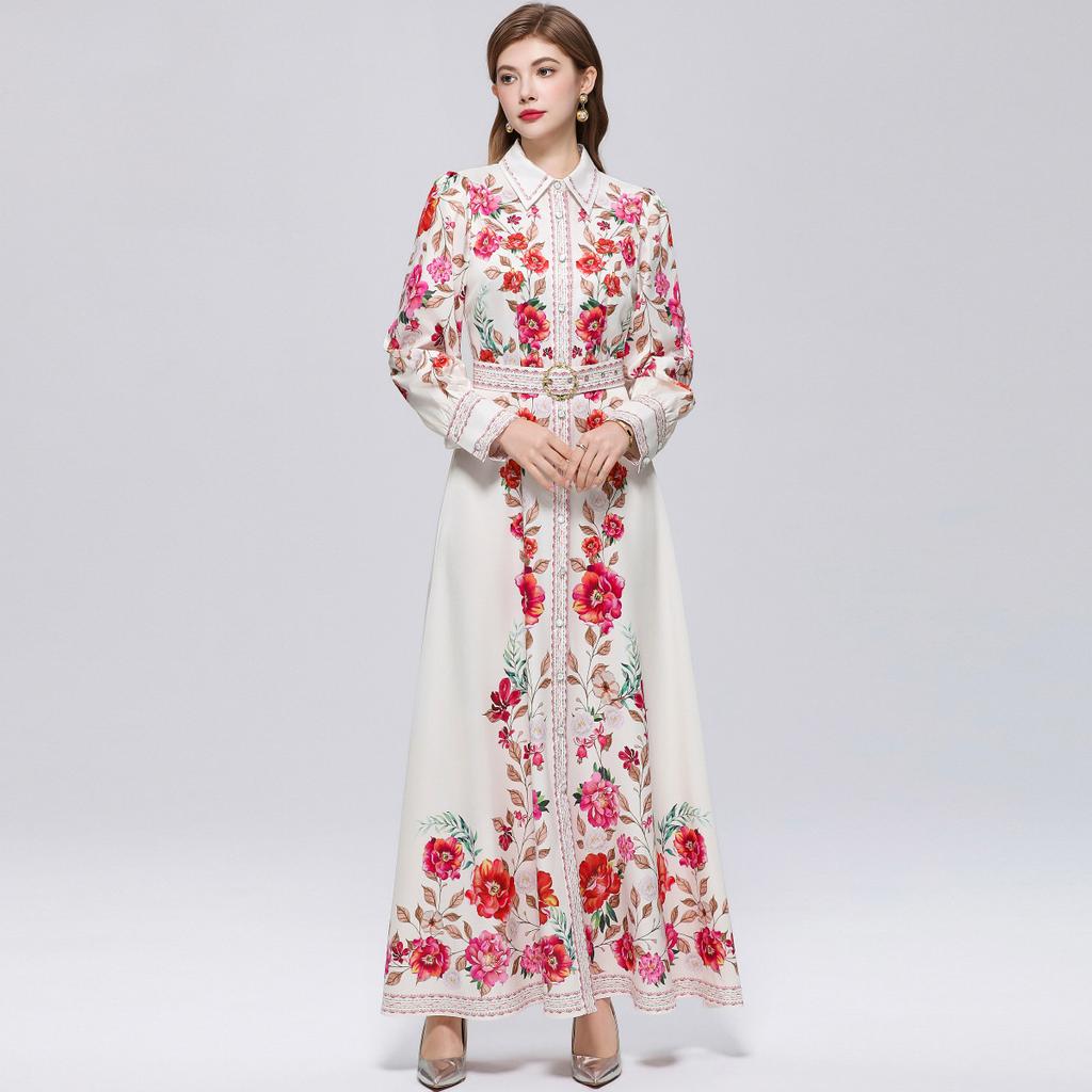 Spring Autumn French Holiday Style Long Sleeve Dress Shirt Women's Turn Down Neck Floral Print Single Breasted Belt Maxi Dress