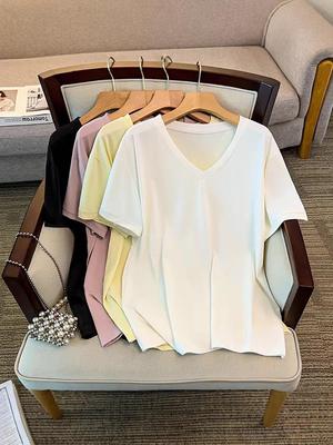 Versatile Slimming V-Neck Quick-Dry Plus Size Women's Top - Summer Short Sleeve, Solid Color, 300 Jin Capacity