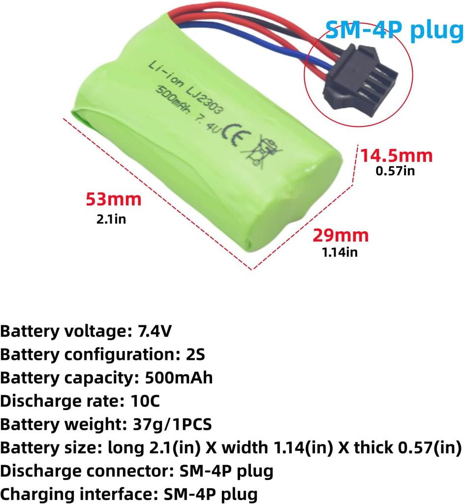 7.4V 500mAh High-Speed Lithium Batteries – 2 Pack – Compatible with EC16 DE85 RC Boat, Car, and Ship Models
