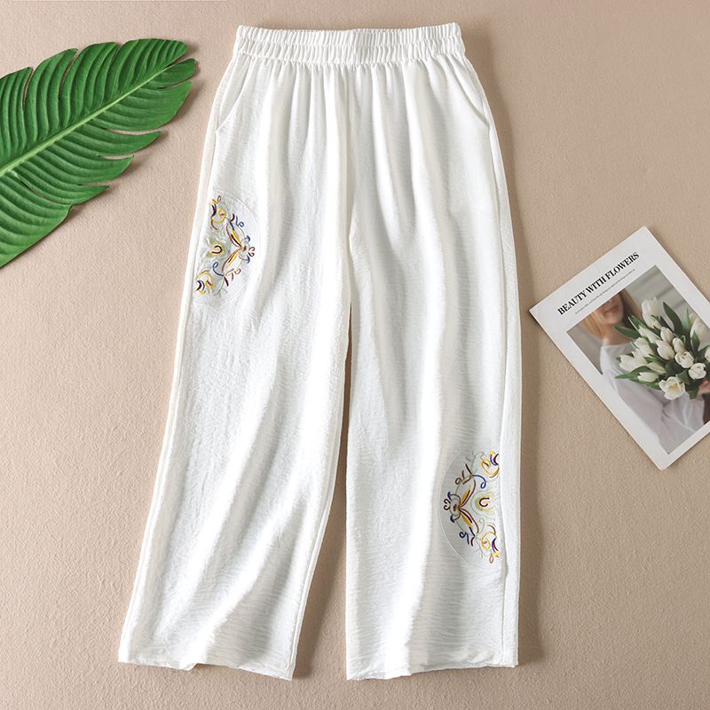 

Ethnic Style Refreshing Breathable Cropped Casual Pants Embroider White 4XL