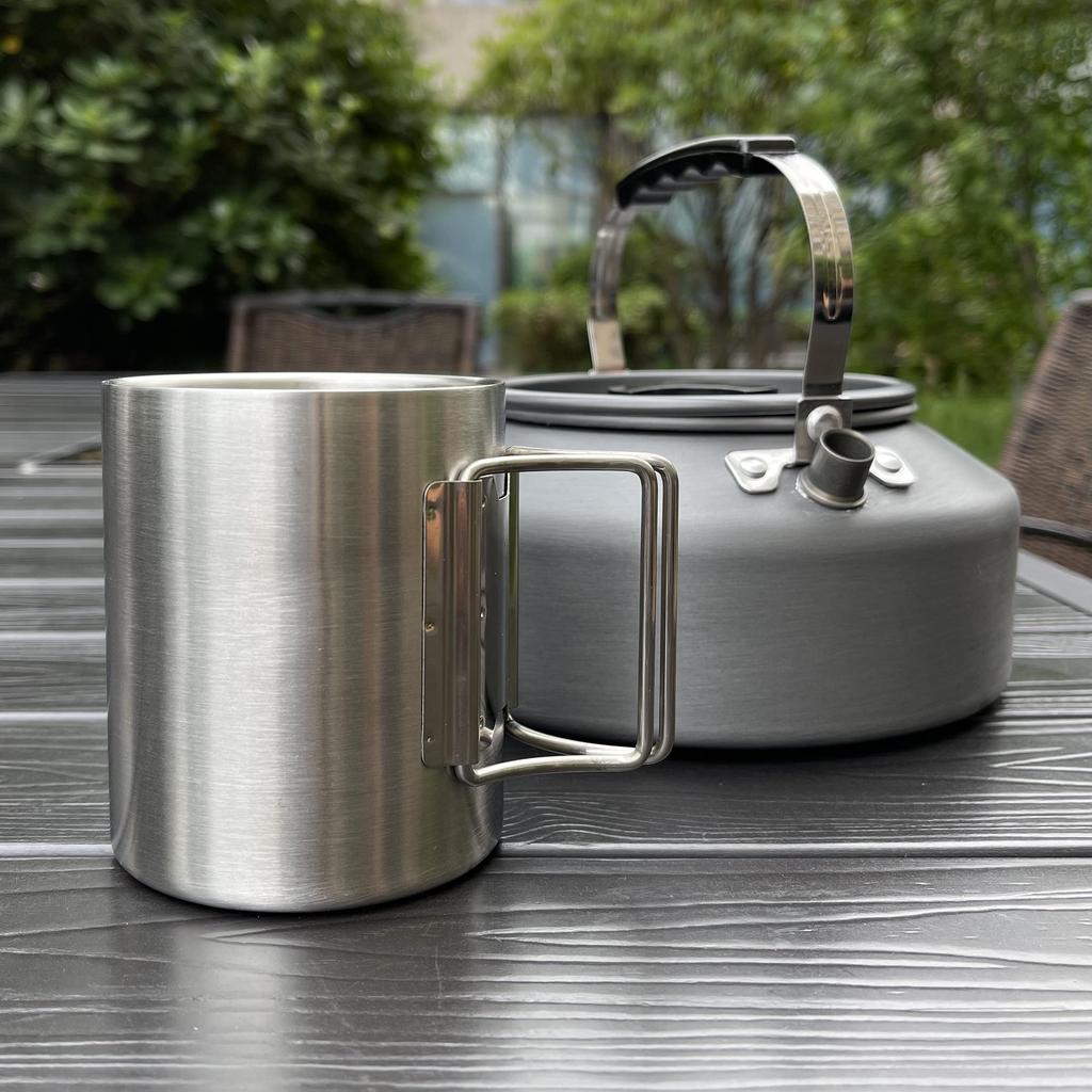 Simple Outdoor Camping Cup Coffee Double Wall Stainless Steel Cup Travel Handle Folding Cup Camping Silver Mug, Cup, Cup, 400ML,
