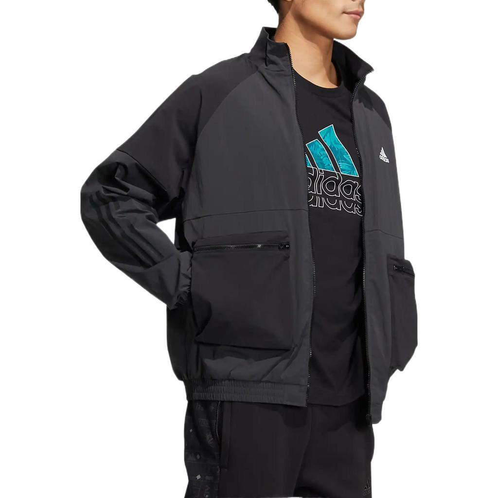 Adidas Solid Color Logo Print Sports Stand Collar Jacket Men Outerwear Black HN9009