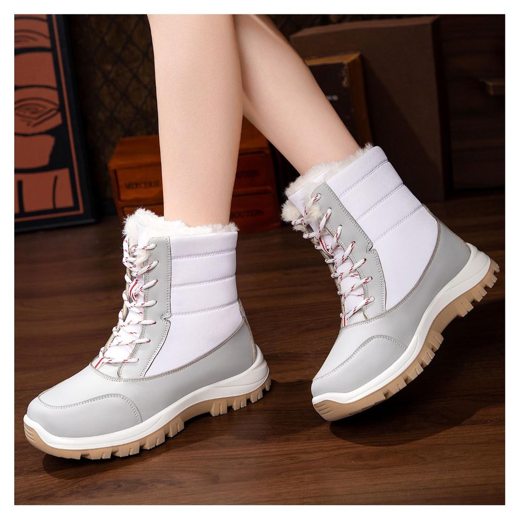 Women's New Winter Cotton Shoes with Plush and Thick High Top Cotton Boots, Waterproof and Non Slip Lace Up Snow Boots