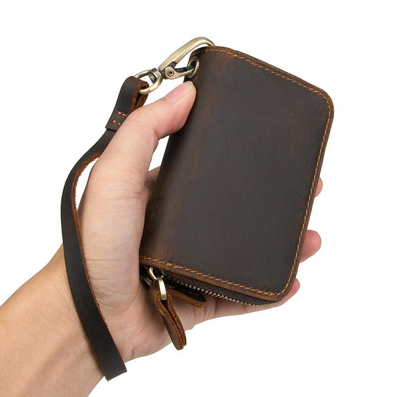 Double Zipper Crazy Horse Leather Retro Card Case First Layer Cowhide Coin Purse Car Key Keychain Holder with Hand Strap