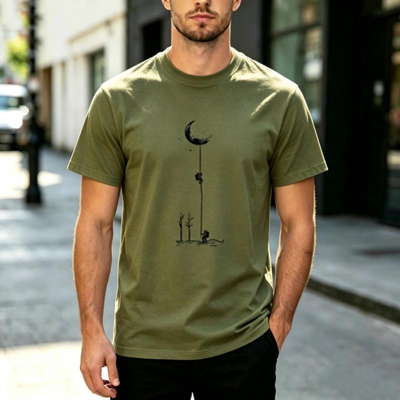 Harajuku Trendy Graphic Crew Neck T Shirt Minimalist Moon Climb Art Print Short Sleeve Tee Cotton Casual Unisex Unisex Streetwear