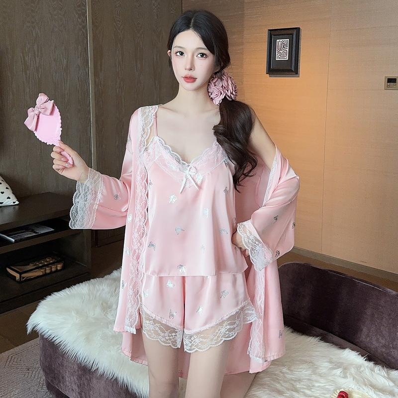 Ladies Spring and Summer New Ice Silk Pajamas Ironing Silver Butterfly Thin Sexy Suspender Shorts Set Silk Loungewear