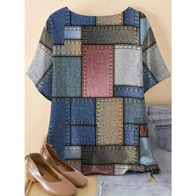 Comfortable Plus Size Casual Crew Neck Short Sleeve T-Shirt Soft Stretch Polyester Patchwork Print Spring Summer Top