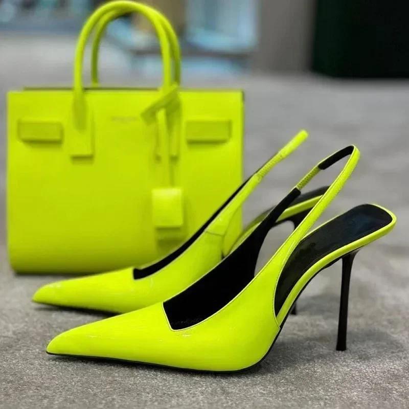 Elegant Pointed Toe Thin High Heels Women Sexy Slingbacks Women Pumps Luxury Patent Leather High Heeled Sandals Banquet Heels