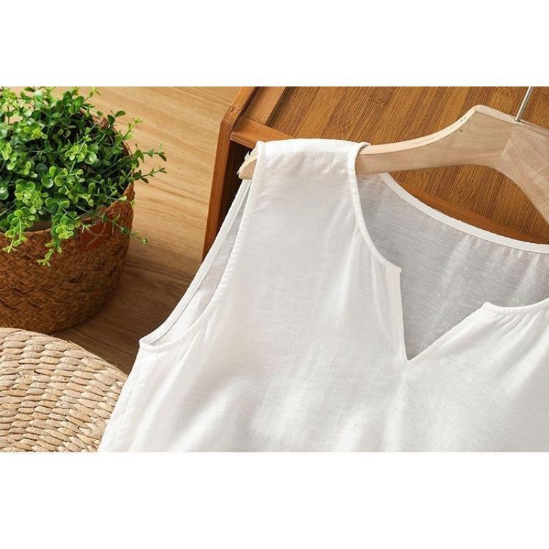 Women White Linen Blend Notch Neck Sleeveless Tank Top Hem Ethnic Embroidery Loose Casual Vest