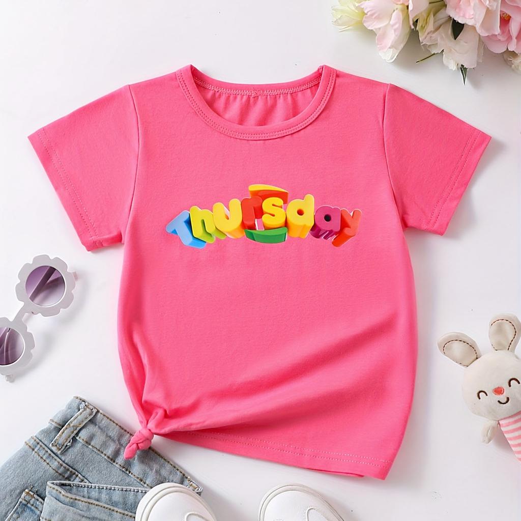 1-10 Years Old Girls Days Of Week Cotton Tees Week Calendar Graphic Print Casual & Trendy T-shirts For Spring & Summer