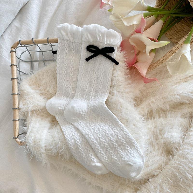 Japanese JK Sweet Bowknot Tied Middle Tube Socks Women Heel Bow Socks Casual Black White Pile Socks Girls Sports Cotton Socks