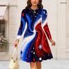 Women Plus Size Round Neck Long Sleeve Midi Dress Celestial Planet Star Patriotic Swirl Print High Waist Swing Dress
