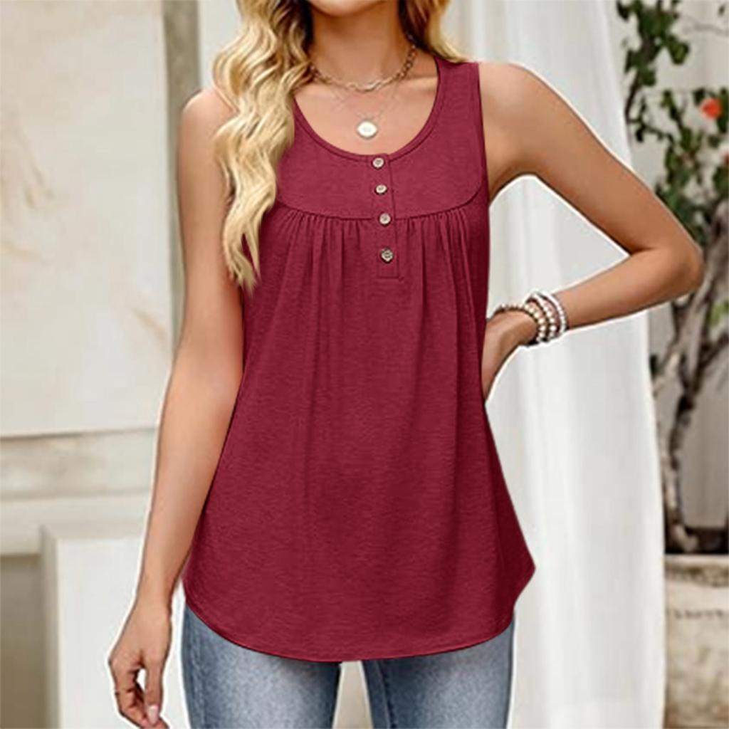Women's Fashionable Plain Color, Round Neck, Button-Decorated Sleeveless Vest Top, Suitable For Both Inner And Outer Wear.