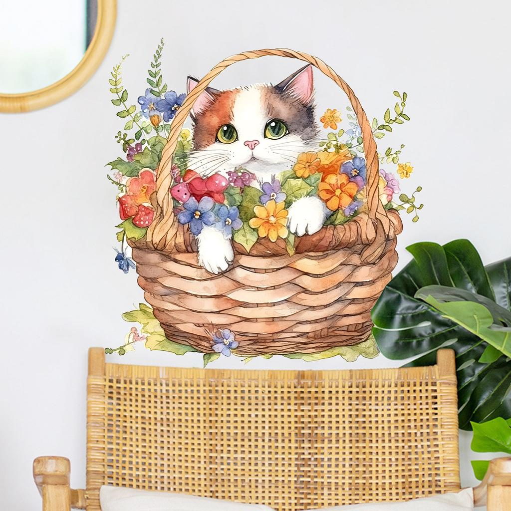 Creative Watercolor Flower Basket Cozy Decoration for Cat Bedroom Removable Self-adhesive Stickers
