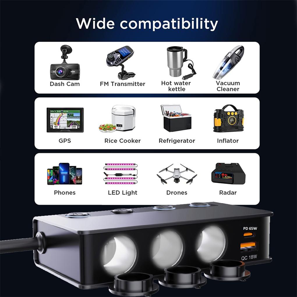 Car Cigarette Lighter Adapter New 3-Socket 3.1A Charger Charger USB Car USB+QC3.0+PD65w Accessories Port USB 18W