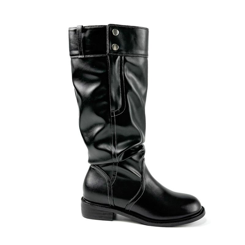 Bottes plissées en peau de mouton pour femmes, nouvel automne précoce, pantalon imitation avec boucle unique et cuir fin, bottes de chevalier empilées à semelles épaisses