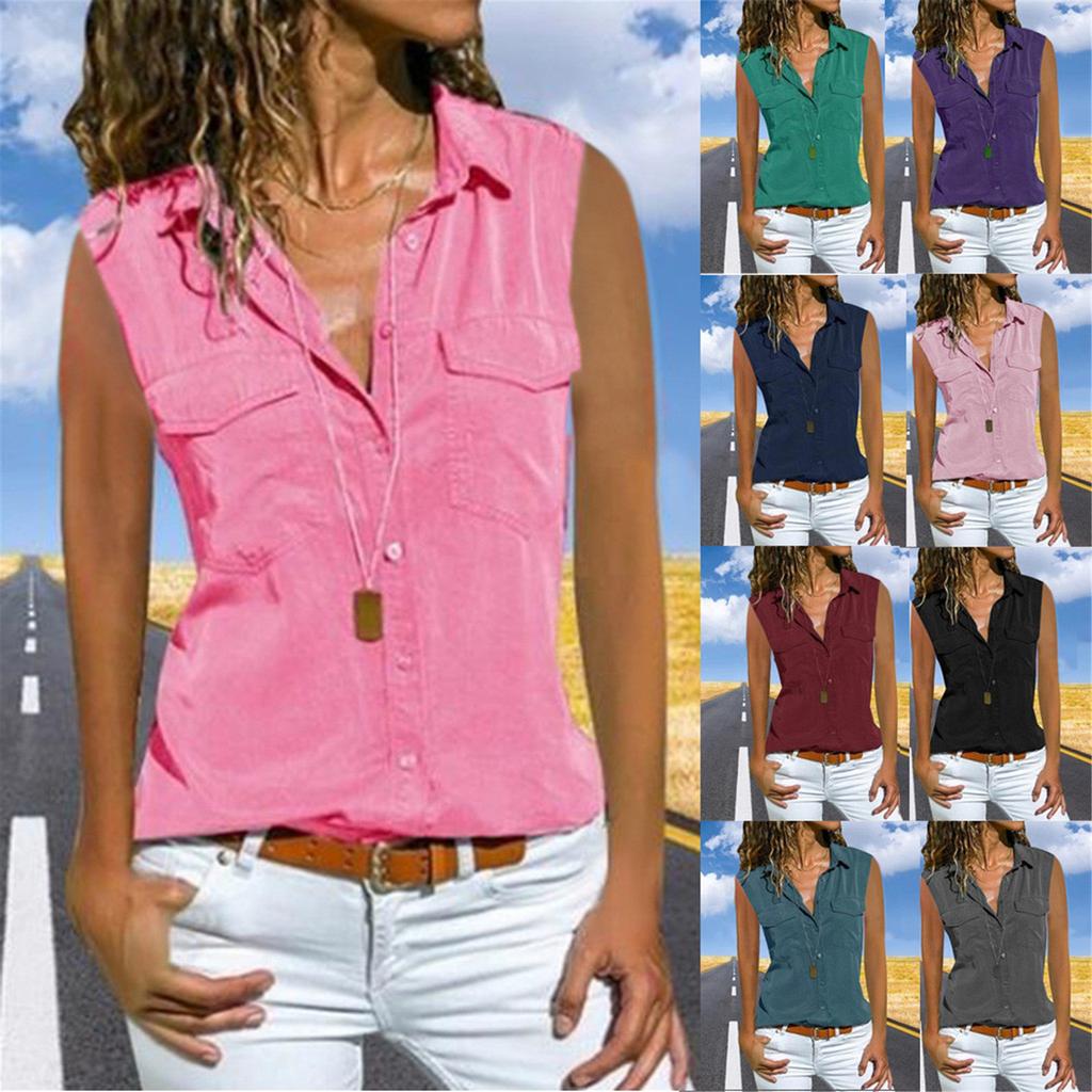 Women Casual Sleeveless Turn Down Collar Pockets Button Front Shirt Tops